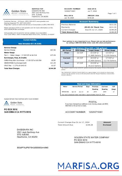 Realistic USA California Golden State Water Company business utility bill template in Word and PDF formats
